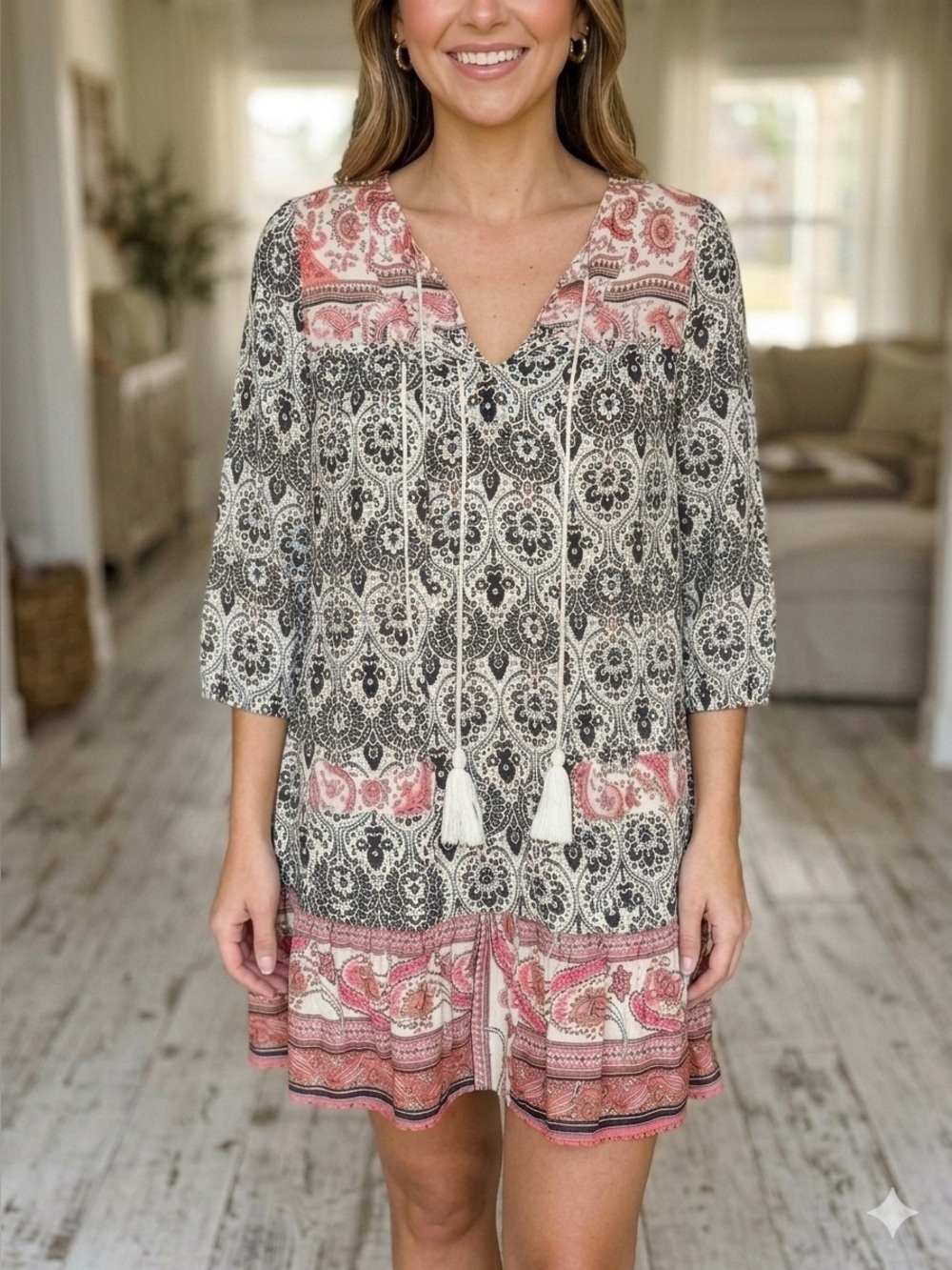 THML Black and Coral Boho Paisley Roll Tab Sleeve Mini Dress M